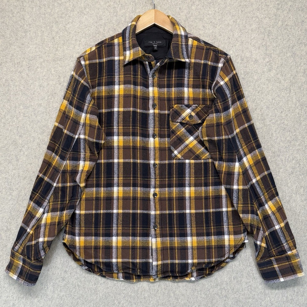 rag & bone New York Plaid Flannel Button Front Shirt Men's Medium Brown Yellow